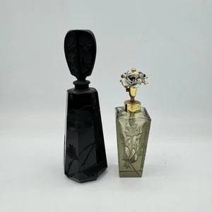 Vtg I.W. Rice Carved Black Glass Perfume Bottle  Japan & Carved Atomizer Bottle - Picture 1 of 10