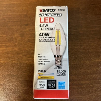 6 Pack Satco S29877 LED Filament 120V 4.5W =40W B10 Candelabra E12 2700K - Image 1 of 4