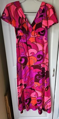 Vtg 1960s/70s Groovy Psychedelic Waikiki Hawaiian Maxi Dress Bright Women's  - Image 1 of 4