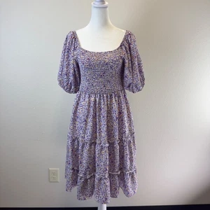 Lavendel Blumen Cottagecore gesmoktes knielanges Kleid Large Prairie Country - Bild 1 von 18