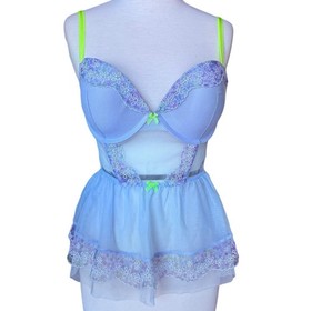 Victoria's Secret Lavender Floral Sheer Lace Corset Babydoll Lingerie Sexy 36D