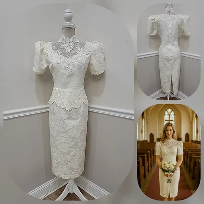 Vintage 80s Ivory Tapestry Scott Mcclintock puff shoulder lace wedding dress 14 - Image 1 of 4