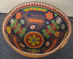 Huichol Mexico ~ BEADED CARVED GOURD BOWL ~ Deer Birds Flowers Bright Seed Beads - Picture 1 of 8
