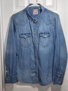 Levis Womens XL Blue Denim Shirt Long Sleeve Pearl Snap Western Classic Fit Work - Picture 1 of 12