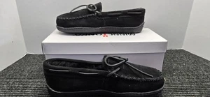Minnetonka Sheepskin Hardsole Moc Shoes Mens Size 7 Black Suede Slippers Fleece - Picture 1 of 7