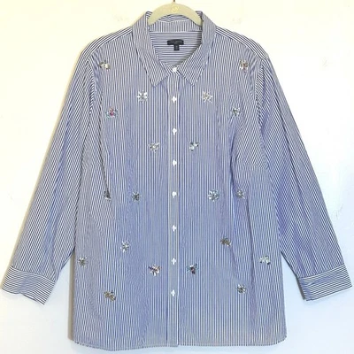 Talbots синий белая полоса рубашка на пуговицах драгоценности пчелы цветок мотив женщин 2 X - Изображение 1 из 4