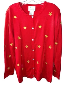 Quacker Factory Sz M Red Cardigan with Gold Stars - Picture 1 of 2