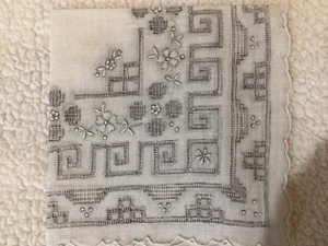 FRENCH Wedding Hanky Ivory W/Gray Embroidery & Drawn Worked 10” VINTAGE - Picture 1 of 4