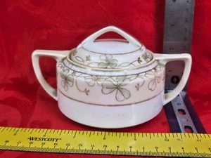 Antiguo azucarero NIPPON y tapa porcelana pintada a mano oro verde trébol Moriage - Imagen 1 de 3