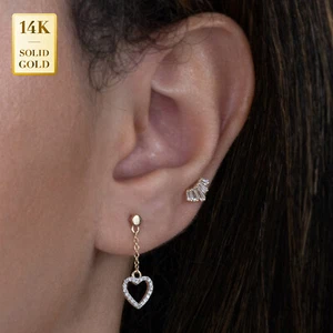 Aretes colgantes con corazón de diamantes de oro macizo de 14K REALES regalo - Imagen 1 de 5