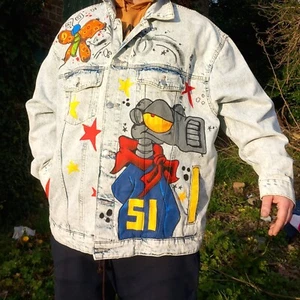 Original Hand Painted Graffiti Street Art Jacket Large Denim Jacket vintage - Picture 1 of 5
