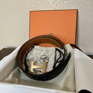 Hermes Cintura H 32 mm Pelle Nera e Oro, Cintura Ferramenta Oro Rosa, 80 cm - Foto 1 di 6