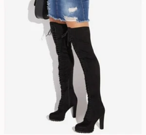 New Sz 7 Shoe Dazzle Black Remi Platform Chunky High Heel Thigh High Tall Boots - Picture 1 of 11