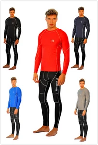 Hombre COOLBASE Capa Base Compresión Camisa Top Manga Larga Piel Leggings Negro - Imagen 1 de 7