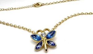 Blue Gemstone Crystal Butterfly Pendant Gold Tone Necklace 24 in - Picture 1 of 4