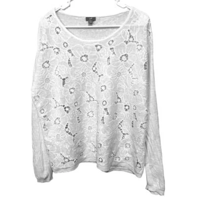 J Jill Linen Blend Sweater Top Womens M White Floral Eyelet Cut Out Long Sleeve - Image 1 of 4
