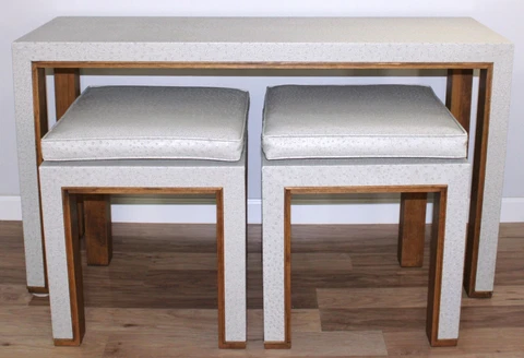 Faux Ostrich Console Table w Stools & Pillows Mid Century Wood Lined Light Gray Cover