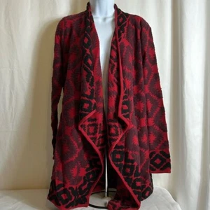 Lucky Brand Women’s Size Small Red Black Open Front Long Sweater Cover Top - Picture 1 of 8