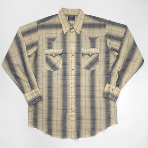 Vtg Dee Cee Rangers Shirt Men XL Plaid Western Blue Tan Cowboy Purple Pearl Snap - Picture 1 of 15