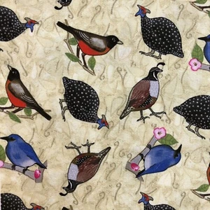SALE! birds bluebird robin multi marbled light gold prewashed 100% cotton bty - Picture 1 of 5