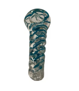 Blue Green Twisted Chamber W/ Stripes Tobacco Spoon Pipe | 2.75" - Picture 1 of 2