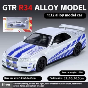 1:32 Scale GTR-R34 Alloy Car Model, Illuminated Wheels & Engine Sounds, Kids Col - Picture 1 of 15