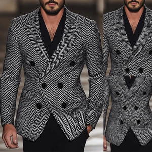 Men Gray Herringbone Jacket Double Breasted Casual Sports Coat Peak Lapel Blazer - Picture 1 of 12