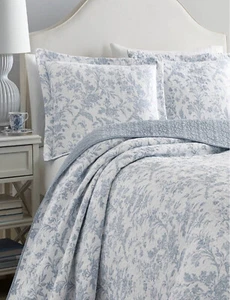 Laura Ashley Amberley Blue & White Floral Toile Cotton Twin Quilt Set 2pc - Picture 1 of 5