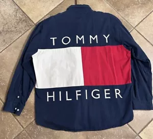VTG 90s TOMMY HILFIGER Spell Out Flag Colorblock Shirt XL Red White Blue Rare - Picture 1 of 10