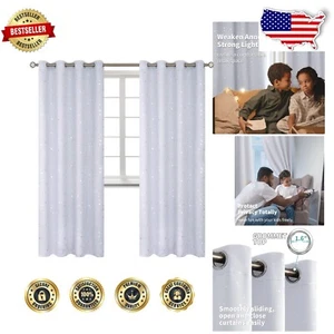 Greyish White Star Print Room Darkening Curtains for Nursery - 52x95 Inches - Picture 1 of 11