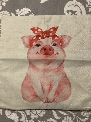 Farmhouse Pig Pillow Cover Square Beige Linen Look 17x17 Rosie Riveter Print Pig - Image 1 of 4