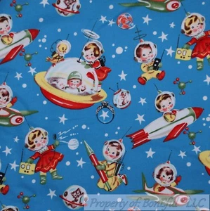 BonEful Fabric FQ Cotton Quilt Blue White Red American Baby Space Ship Star Sky - Picture 1 of 8