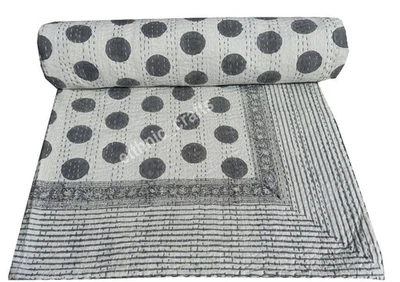 Handmade Polka Dot Quilted Reversible Cotton Hippie Qiult Kantha - Image 1 of 4