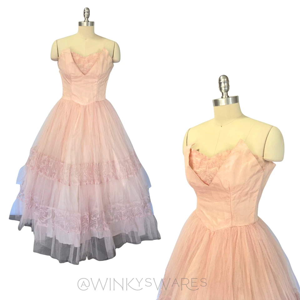 Vintage 50s Cupcake Strapless Dress Size XS S Pink Tulle Fit & Flare Prom Formal - Image 1 of 4