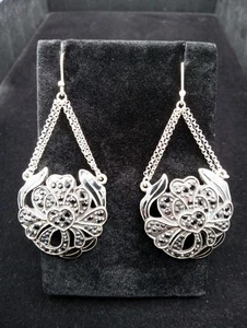 Orecchini Vintage Catena Argento Goccia Strass Nero Dichiarazione Pendente Gotico - Foto 1 di 14