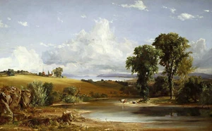 Jasper Francis Cropsey ""Sommernachmittag am Hudson"" sonnenhellbraunes Kunstwerk - Bild 1 von 4