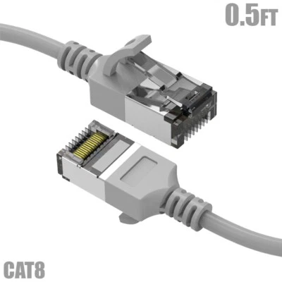 0.5FT Cat8 RJ45 Network LAN Ethernet U/FTP Shielded Patch Cable Slim 30AWG Gray - Image 1 of 4