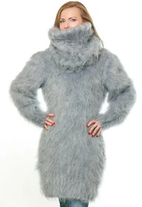 Grau Fuzzy Mohair Pullover Kleid langer Rollkragenpullover Handstrick dicke Tunika SuperTanya - Bild 1 von 10
