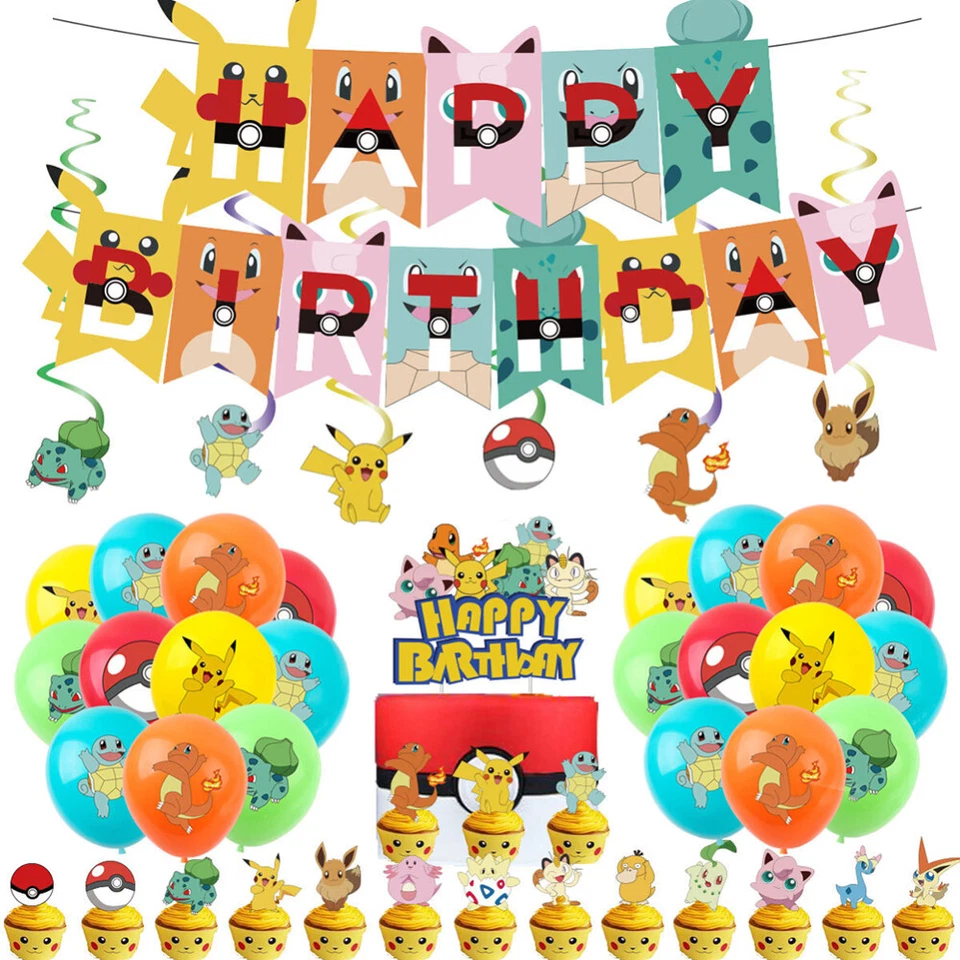 44pcs Pokemon Party Supplies Set Latex Balloon Happy Birthday Banner Swirl Decor - image 1 of 4