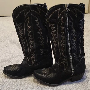 AllSaints - Black Suede Embroidered Mid-calf Pointy Toe Cowboy Boots (size 38) - Picture 1 of 20