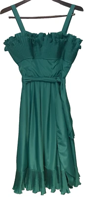 Vintage Green Party Dress Full Skirt Stand Up Neck Satin Mid-Length No Tags - Image 1 of 4