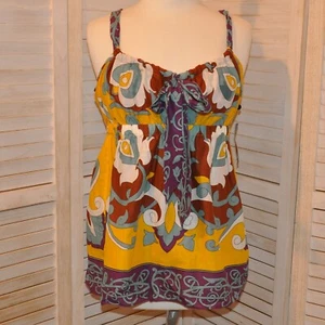 NWT Nicole Miller Babydoll Top Blouse Hippie Retro Design Yellow Purple Blue M - Picture 1 of 9