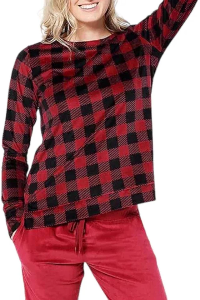 Cuddl Duds Soft Velour Fireside Lounge Top Rumba Red Buff Check - Image 1 of 1
