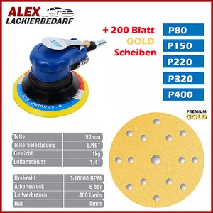  Profi Druckluft Exzenterschleifer 150mm + 200 Schleifscheiben Set P80 - P400  - Bild 1 von 1