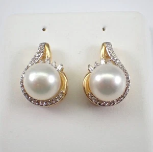 14K Gelbgold Perle und Diamant Ohrstecker Juni Geburtsstein Tropfenstecker - Bild 1 von 5