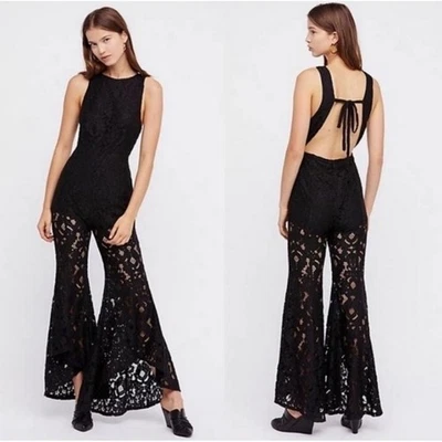 Mono Free People Negro Encaje Pierna Acampanada Sin Espalda Corbata Ocasión Fiesta Mameluco 2 Foto 1 de 4