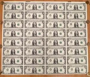 Uncut Sheet 32 One Dollar Bills $1 Series 1985 Federal Reserve Bank Minneapolis - Picture 1 of 4