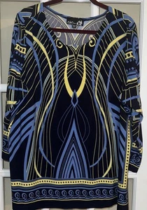 CSC Studio Pullover Blouse 2X Blue Yellow Geometric Packable Slinky - Picture 1 of 8