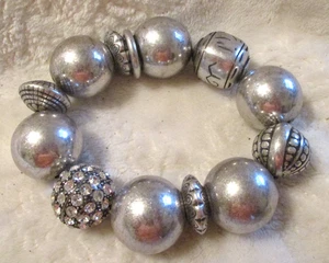 Clunky~Silver Colored Bead Bracelet~White Rhinestones~Elastic~1980's - Picture 1 of 8