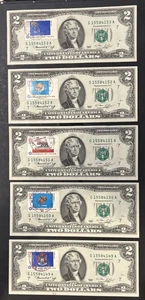 Five Uncirculated 1976 Sequential Two Dollar Bills with Bicentennial Stamps - Picture 1 of 2